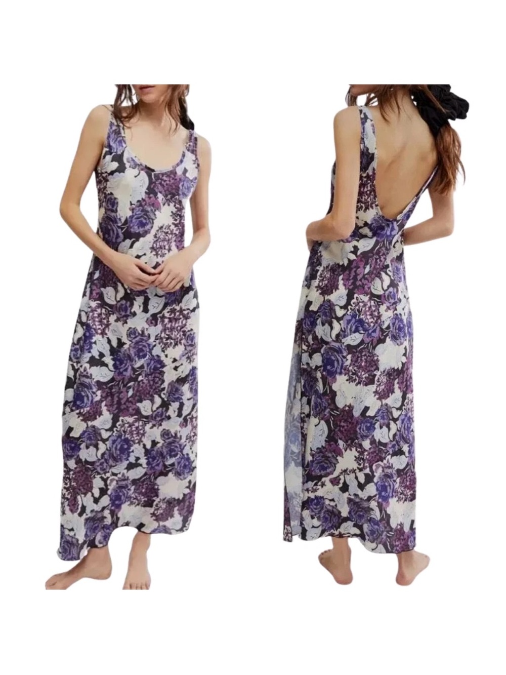 Free People Purple Floral Maxi Dress - Scoop Neck Sleeveless - Intimately Free